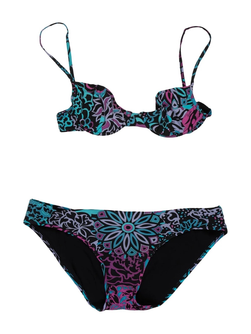 Emilio Pucci Black Bikini with Teal and Purple Floral Print